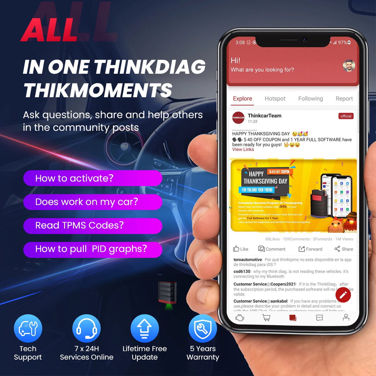 THINKCAR Thinkdiag Mini Bluetooth OBD2 Scanner | Strumento diagnostico per auto lettura del codice di guasto