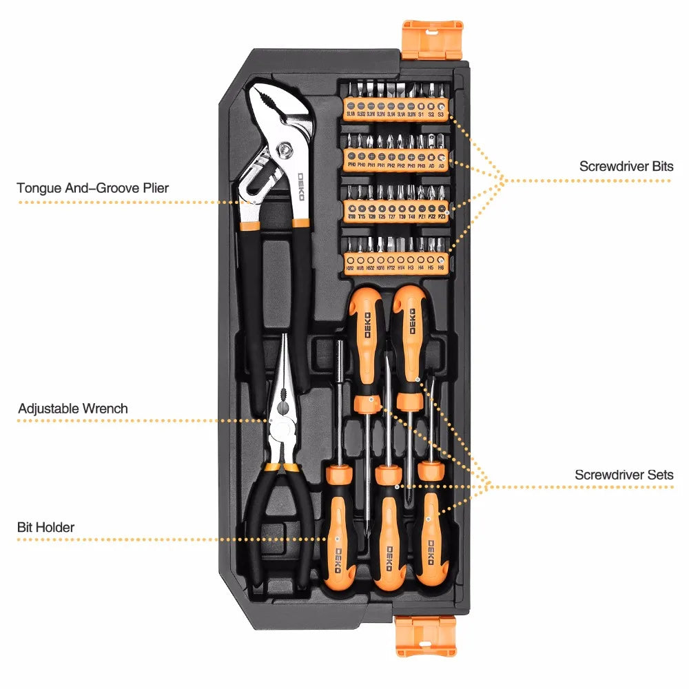 Set di attrezzi professionali DEKO da 198 pezzi | Kit per appassionati di riparazione auto con cricchetto, cacciaviti, chiavi bussole con pratica valigetta rigida