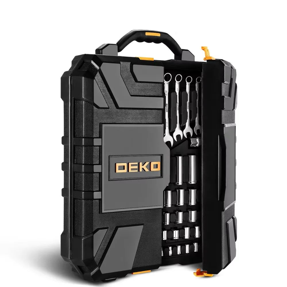 Set di attrezzi professionali DEKO da 198 pezzi | Kit per appassionati di riparazione auto con cricchetto, cacciaviti, chiavi bussole con pratica valigetta rigida