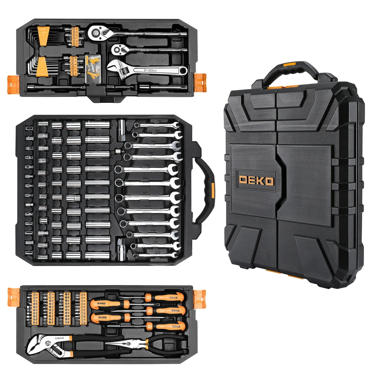 Set di attrezzi professionali DEKO da 198 pezzi | Kit per appassionati di riparazione auto con cricchetto, cacciaviti, chiavi bussole con pratica valigetta rigida