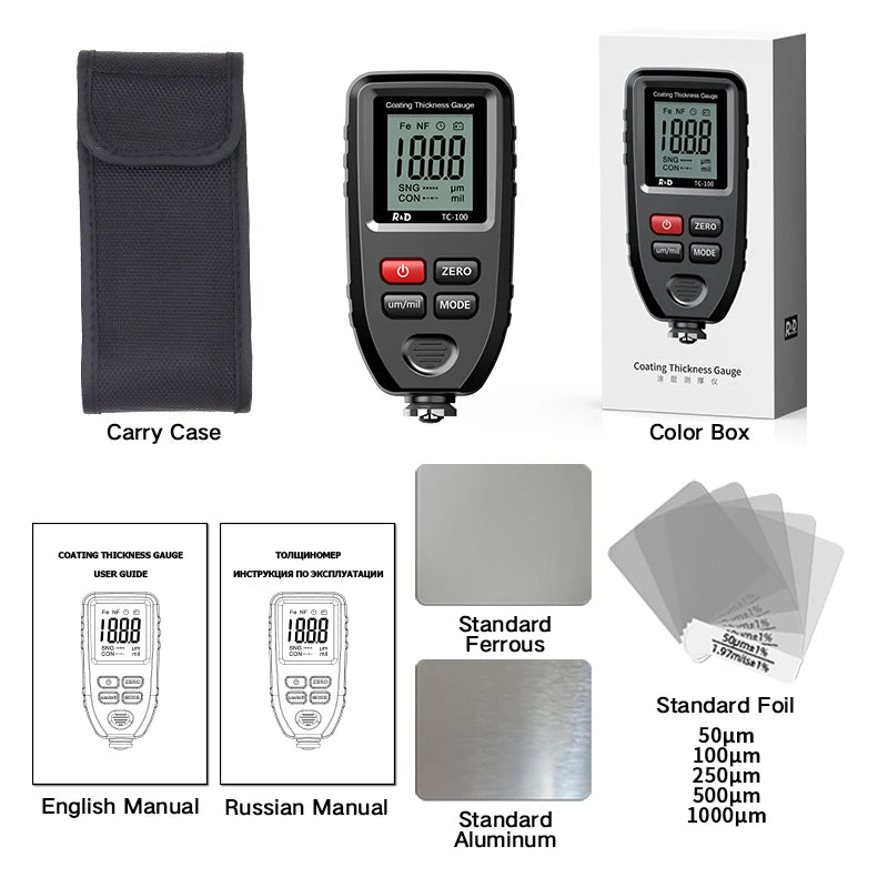 TC100 – Calibro per la misurazione dello spessore rivestimento fino a 0,1 Micron (0-1300 μm) | Tester manuale per vernice auto FE/NFE