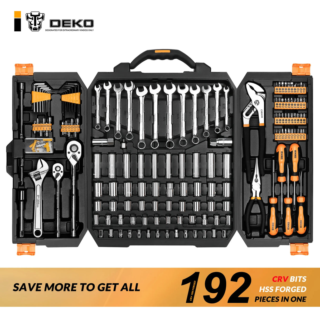 Set di attrezzi professionali DEKO da 198 pezzi | Kit per appassionati di riparazione auto con cricchetto, cacciaviti, chiavi bussole con pratica valigetta rigida
