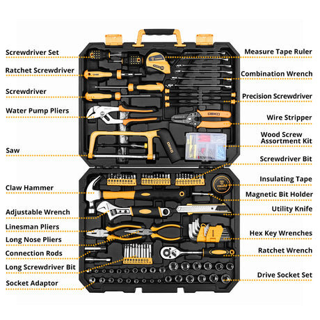 Set di attrezzi professionali DEKO da 198 pezzi | Kit per appassionati di riparazione auto con cricchetto, cacciaviti, chiavi bussole con pratica valigetta rigida